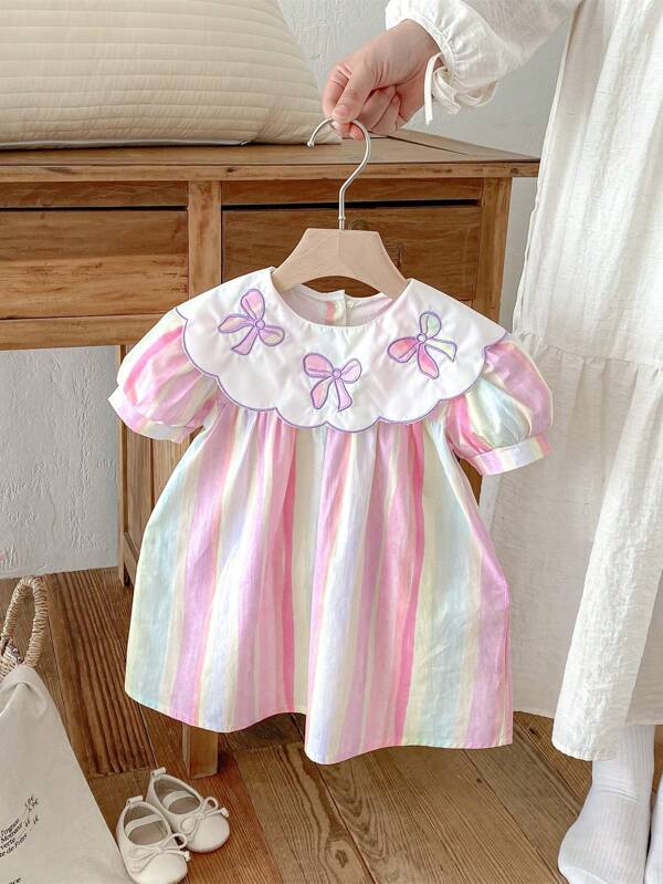 Summer Girls Baby Toddler Rainbow Striped Embroidery Bow Collar Casual Comfortable Cute Girl Infant Dress