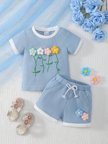 2pcs Baby/Toddler Girls' Daily Casual Cute Versatile Blue Floral Decor Round Neck Short Sleeve T-Shirt And Elastic Waist Dual Pockets Shorts Set, Summer - Blue - View 1