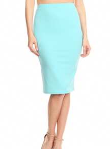 Casual High Waist Slim Stretch Pull-On Bodycon Pencil Solid Midi Skirt - Nước - Xem 1