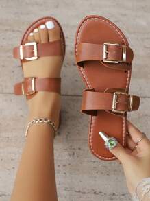 Nuevas sandalias planas, sandalias planas con doble hebilla, abiertas de dedo, retro minimalista, ligeras para playa. Disponibles en marrón, negro, blanco, color café con correa de múltiples hebillas y sandalias elásticas ajustables