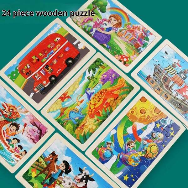 24 piezas de rompecabezas plano de madera con dibujos animados de animales y dinosaurios para niños y niñas, juguetes educativos e inteligentes para la primera infancia, adecuados para niños de 3, 4, 5 años y talla grande como regalos de cumpleaños y navidad
