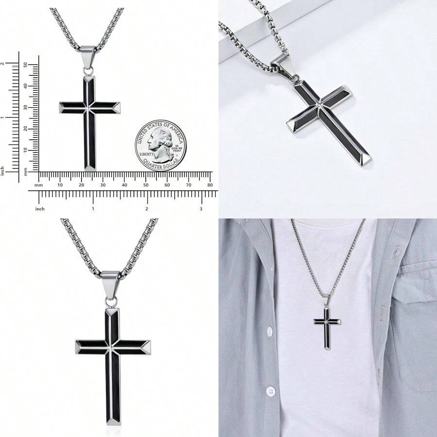 Collar con colgante de cruz de acero inoxidable negro con borde biselado de Rnivida para hombres - Plata-22" - Ver 1