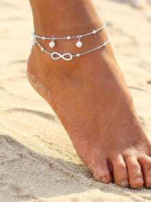 双链脚链 8 字形环状仿珍珠配饰金属时尚海滩派对女款 - 銀色 - 查看 2