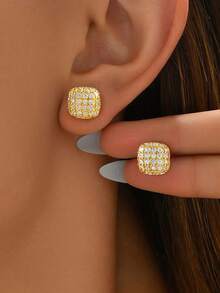 1 对 925 纯银闪亮方形耳钉女士防过敏耳环女士珠宝礼物生日礼物 - 耳環 - 查看 3