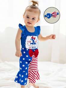 4th Of July Baby Girl Bodysuit Pants Outfit Print Ruffled Flying Sleeve Romper Bell Bottoms And Bow Headband 3Pcs Fourth Of July Outfit - 藍色 - 查看 5