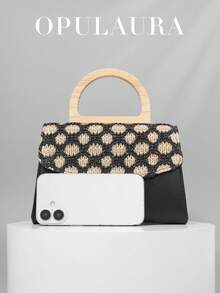 OpulAura Summer Vacation Style Woven Clutch Bag, Fashionable Floral Pattern Straw Texture Handbag, Party/Evening Bag, Random Cut, Suitable For Women, Suitable For Party, Wedding, Prom, Very Suitable For Party, Wedding, Prom Evening/Banquet, Paired With Holiday Party Dresses, Evening Gowns And Beachwear - Black - View 7