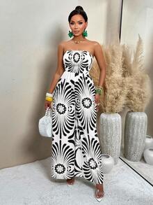 AIJ Women's Vintage Floral Print Pleated Wide Leg Jumpsuit (Random Print), Summer - Black - View 3