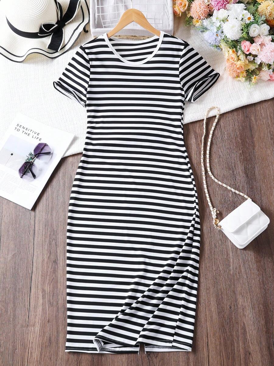 Teen Girls Casual Round Neck Striped Tank Dress, Spring/Summer - Black and White - View 1