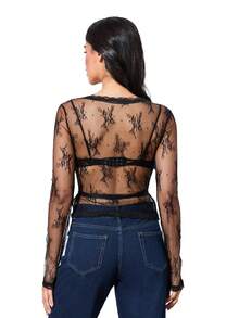Omen's Y2K Long Sleeve Sheer Mesh Top Deep V Neck Embroidery Floral Lace Top See Through Going Out Crop Tops - Black - View 7