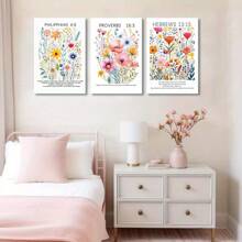 Conjunto de 3 obras de arte en lienzo con acuarelas de flores silvestres cristianas, versículo bíblico, decoración de pared con flores botánicas, pósters e impresiones para dormitorio de niñas, sala de estar y dormitorio, listo para colgar, mural de atmósfera de alta gama - Tres piezas enmarcadas