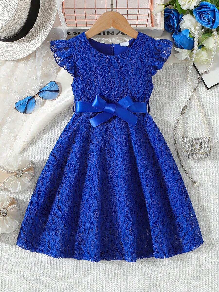 coviviky 3-10 Years Old Girls' Elegant Solid Color Lace Round Neck Cap Sleeve Zipper Sweet Cute Dress With Belt, Suitable For Daily Casual, Birthday Party, Gift For Kids - Navy Blue - View 1