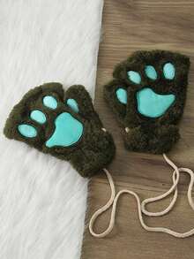 1 Pair Cute Cat Paw Fingerless Gloves, Plush Half-Finger Gloves, Warm & Cold-Resistant, Suitable For Girls Daily Use In Winter (With Rope) - Multicolor - View 13