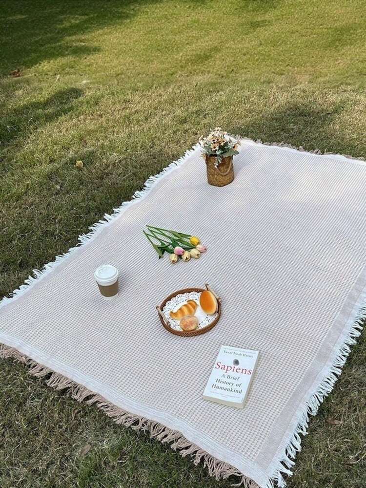 [Nueva llegada de primavera] Manta de camping con diseño estilo Ins | Almohadilla portátil cálida para picnic al aire libre | Manta para sofá o cama del hogar como telón de fondo - Café blanco - Añade 7