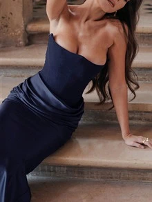 Backless Bodycon Bandeau Evening Gown Dress - Navy Blue - View 2