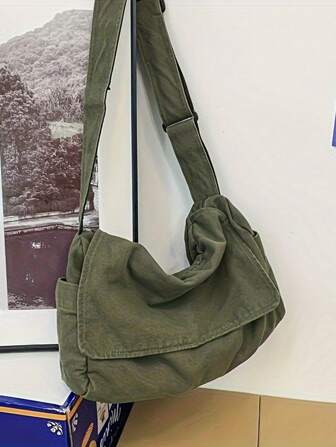 Oversized Washed Canvas Messenger Bags, Casual Shoulder Bags For Men, Minimal & Artistic Vibe, Large Capacity Canvas Flap Satchel Bags For Students, Solid Color