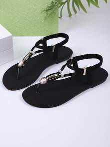 Neue Mode Frauen Riemen Slide Sandalen, stilvolle lässige römische Stil Slip-On Sandalen in Schwarz, Beige, Braun, einfarbige gewebte bequeme Strand Sandalen, von Bloggern empfohlene Sandalen mit dicker Sohle, Sommer Strandschuhe, elegante Schnallen Flach Runde Zehe Slides, geruchsresistente rutschfeste Leder Perlen Dekor einfache Outdoor Pantoffeln, vielseitige flache Slip-On Frauen Flach Sandalen - Schwarz - Übersicht 9