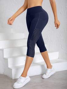 女式高腰蜜桃提臀瑜伽七分裤 - 透气、有弹性、提臀健身紧身裤，带口袋，不透视涤纶混纺，适合所有季节 - 藏蓝色 - 查看 5