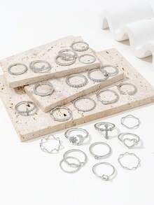 25pcs Set Of Fashionable Star, Moon And Heart Shaped Rhinestone Decorated 8 Piece Minimal Geometric Boho Rings - Silver - View 3