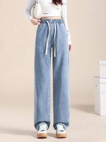 Women's Long Jeans Versatile Casual Wide-Leg Loose Regular Woven Thin Material New Retro High Waist Button Jeans Fashionable Slim Fit High Quality Affordable Best-Selling Jeans - 中藍色 - 查看 1