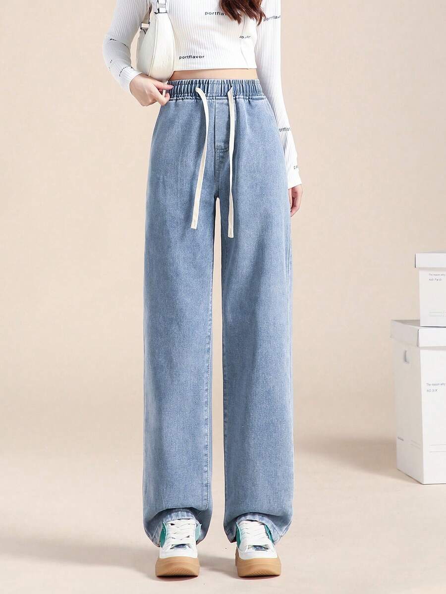 Women's Long Jeans Versatile Casual Wide-Leg Loose Regular Woven Thin Material New Retro High Waist Button Jeans Fashionable Slim Fit High Quality Affordable Best-Selling Jeans - 中藍色 - 查看 1
