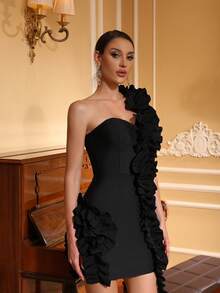 Ruched Bandage Bodycon Dress Women, European And American Celebrity Style New Plisse Sexy Fitted Split Hem Evening Party Gown, For Cocktail - Black - View 3