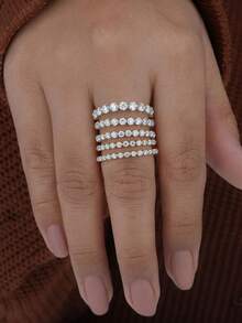 1 件 925 纯银 1.5-2 毫米圆形切割结婚戒指半永恒戒指半圈钻石可叠戴戒指