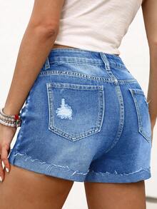 Women Casual Washed Buttoned Ripped Denim Shorts - Light Wash - View 5