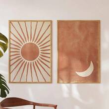 1/2 pièces Ensemble d'affiches murales en canevas art bohème soleil et lune avec/sans cadre, décoration murale abstraite bohème minimaliste en terre cuite, convient pour dortoir, salon, appartement, chambre à coucher, maison moderne - Multicolore - Voir 5