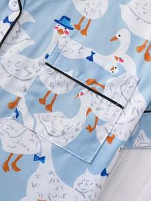 2 pezzi Set pigiama da donna, stampa a paperelle, abbigliamento da casa, outfit primaverile/estivo, top a maniche corte con bavero e pantaloncini, abbigliamento da relax - Blu - Visualizzare 5
