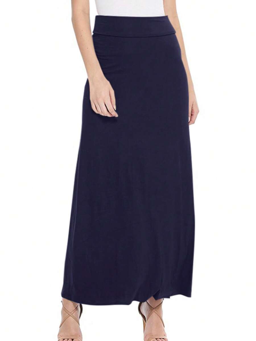 Maxi Length High Waist Foldable Waistband Solid Skirt  Plain  Casual  Elegant  Knitted Fabric        Home  Office  Street  Daily - 藏蓝色 - 查看 1