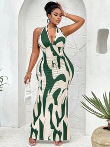 女式加大码春夏性感露背蝴蝶结连体裤，优雅商务休闲服 - 杏底綠花 - 查看 5