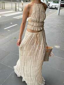 Women's Summer Solid Color Sexy Semi-Transparent Halter Tie Ruched Lace Trim Camisole And Maxi Skirt Set, Vacation Outfits For Women, Valentine's Day - Beige - View 6