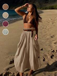 Women Casual Boho Drawstring Side Pocket Loose Bohemian Long Skirt, Vacation Outfits - 卡其色 - 查看 7