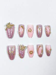 可爱 Y2K 芭蕾甜美风格 10 件短杏仁形纯手工 3D 树脂水钻蝴蝶结和星星设计按压式指甲贴，适合日常、约会、下午茶、外出按压式指甲美甲用品 - 彩色 - 查看 4