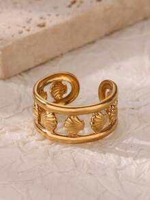 1 件时尚人造水晶贝壳戒指女士金色不锈钢开口戒指海滩派对夏季珠宝礼物