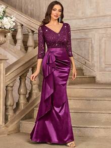 MIUSOL Elegancka sukienka maxi z dekoltem w serek, koronką i cekinami, falbanką i satynowym wykończeniem, rękawami 3/4, na wieczorne przyjęcie - Kasztanowy - Zobacz 10