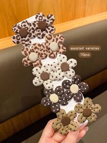10pcs Random Color Cute Flower Hair Clips, Lovely Hair Accessories Suitable For Daily Use - Coffee Brown - View 2