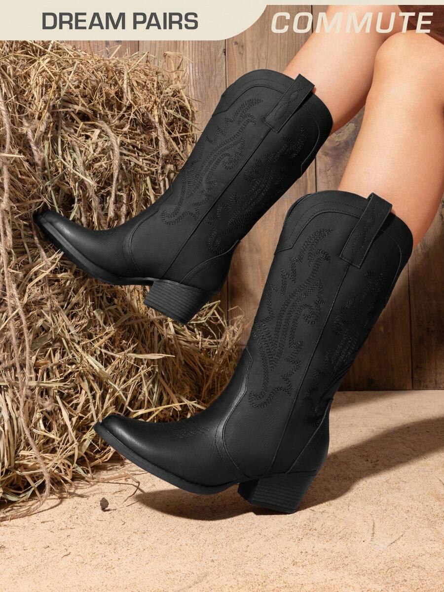 Women's Western Cowboy Boots Slip On Fashion Embroidery Pointed Toe Low Heel Chunky Outdoor Commuter Mid-Calf Black Boots - 黑色 - 查看 1