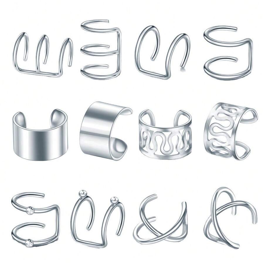 12pcs Minimalist Personalized No Piercing Silver Ear Cuff Clip - 12-piece Ear Cuff Set - View 1