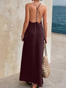 Doriss 女士露背串珠度假纯色吊带裙