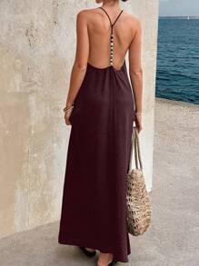 Vestido de tirantes de mujer Doriss con cuentas y espalda descubierta, color liso para vacaciones