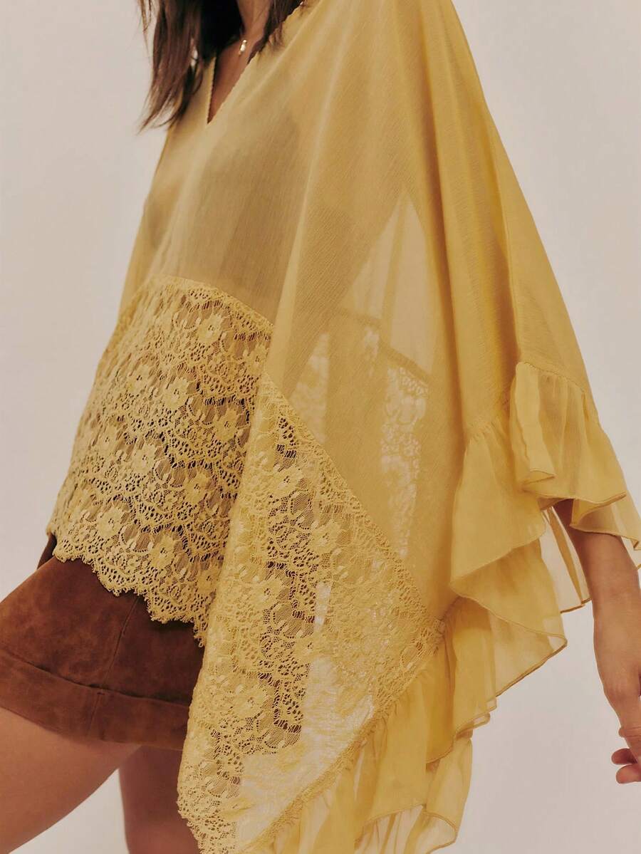 Womens Flowy Bow Front Tie Top Long Sleeve Peplum Lace Trim Chiffon Shirt Sheer V Neck Boho Ruffle Beach Peasant Blouse Tops - 黃色 - 查看 1