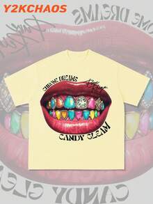 Y2k Men Street Outdoor Lifestyle Hip-Hop Style Short Sleeved Round Neck Casual Pure Cotton T-Shirt, Colorful Mouth Diamond Interesting Pattern Print, 100% Cotton 180g, Comfortable And Breathable Summer Outfit, Surprise Gift For Family. - Beige - View 2