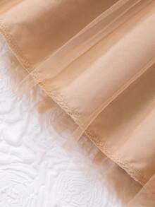 Tween Girls Casual Solid Color Sleeveless Collared Net Mesh Dress With Waist Belt, Summer - Khaki - View 9