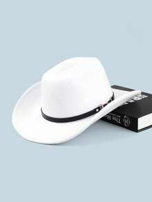 1pc Unisex Solid Color Woolen Cowboy/Cowgirl Hat With Leather Belt Buckle Decor, Versatile Novelty Gifts, Wide Brim Fedora Hats Suitable For Western Themed Parties, Engagements, Graduations, Performances, Celebrations - Top Hat - View 3