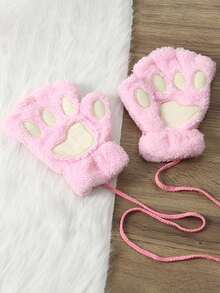 1 Pair Cute Cat Paw Fingerless Gloves, Plush Half-Finger Gloves, Warm & Cold-Resistant, Suitable For Girls Daily Use In Winter (With Rope) - Multicolor - View 11