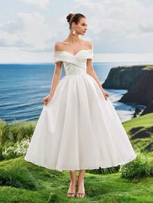 Elasola 亮面缎面露肩优雅晚礼服 白色A字仙女风新娘送礼会礼服 婚礼季 优雅