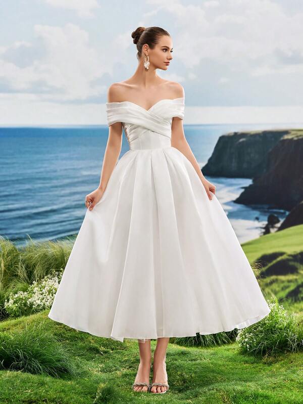 Vestido de noche de mujer gracioso, de satén brillante y hombros descubiertos, vestido de novia estilo A-Line blanco de hada, para temporada de boda, novia