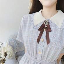 1 Pc Sweet Elegant Casual Patchwork Plaid Bowknot Princess Collar Mini Dress, Suitable For Birthday, Holiday Gifts, And Daily Casual Wear Halloween - Multicolor - View 6