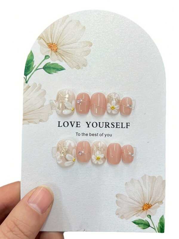 10pcs Handmade Press On Nails, Short Daily Handpainting Flower Pink Fake Nails Tips